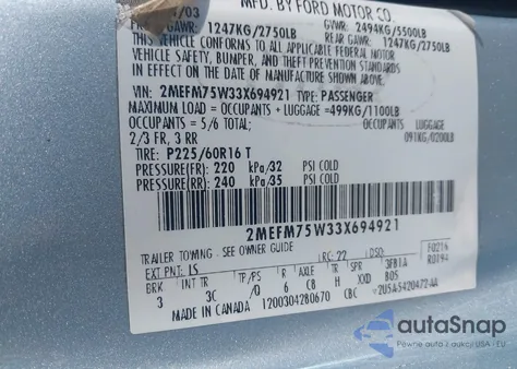 2003 Mercury Grand Marquis Ls z USA, uszkodzony, nr VIN 2MEFM75W33X694921